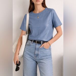THML Blue Faux Leather Top XS Short Sleeve Vegan Leather Minimalist Chic